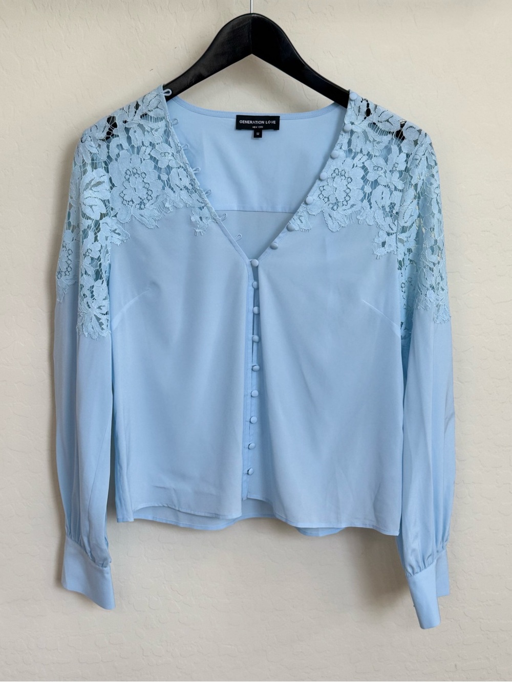Generation Love Harlea Floral Lace Silk Blend Blouse Powder Blue Size M